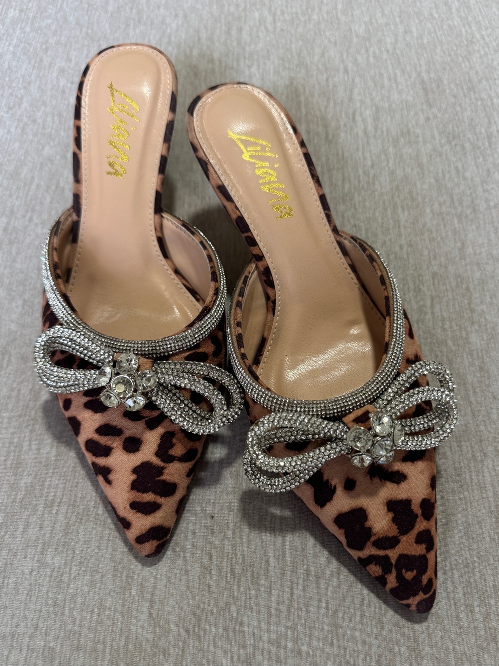 Liliana Leopard Rhinestone Bow Kitten Heel Mules 6.5